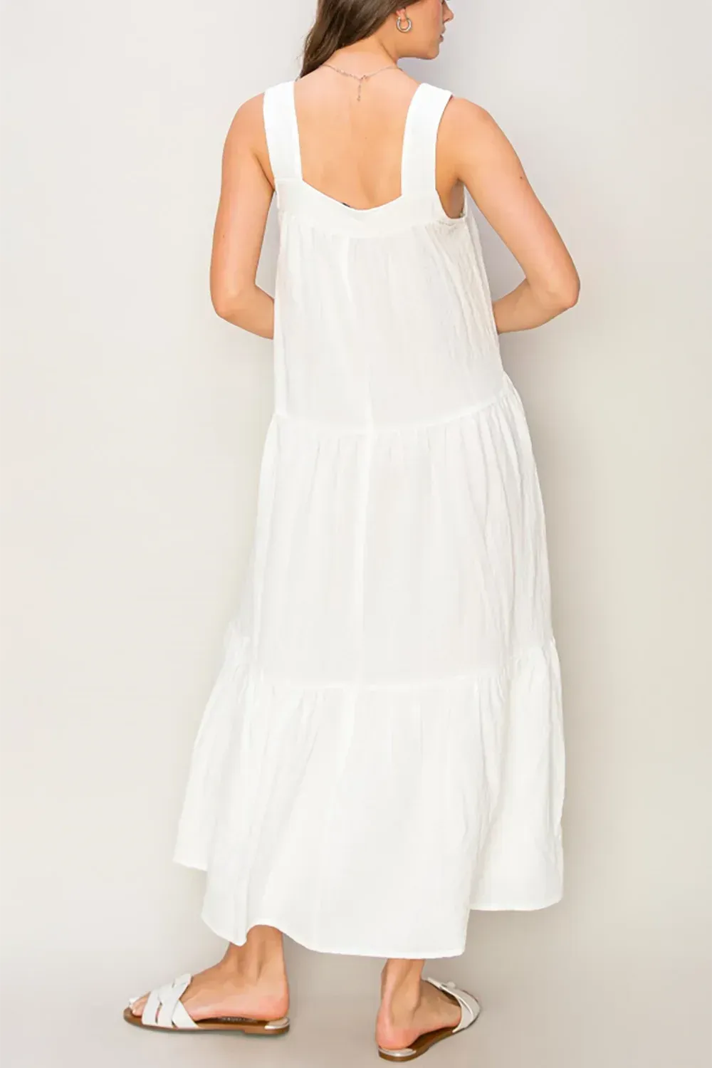 Tiered Sleeveless Front Button Side Pocket Woven Maxi Dress