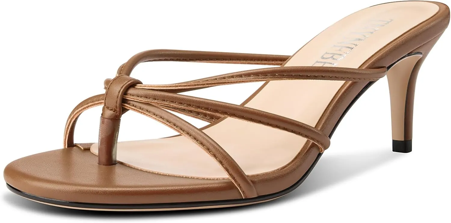 TNYNFBEB Women's Round Toe Flip Flop Strappy Mule Heels Slip-on Kitten Heel Thong Sandals Summer Dress Shoes 2.6 Inches