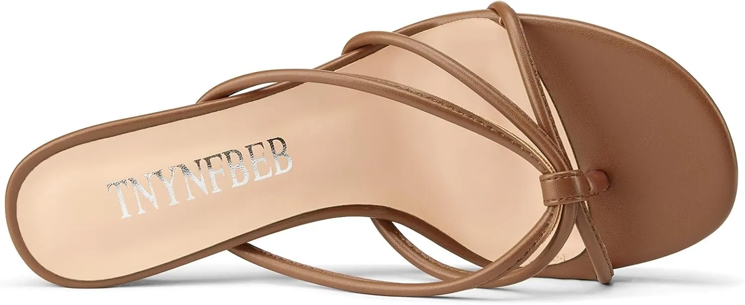 TNYNFBEB Women's Round Toe Flip Flop Strappy Mule Heels Slip-on Kitten Heel Thong Sandals Summer Dress Shoes 2.6 Inches