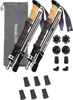 TREKOLOGY 2 pc Trekking Hiking Poles / 6 pc Replacement Rubber Tips-Collapsible Trekking Poles Nordic Hiking Pole Cork Grip. Lightweight Aluminum 7075,Adjustable Quick Flip-Lock, Folding Walking Stick