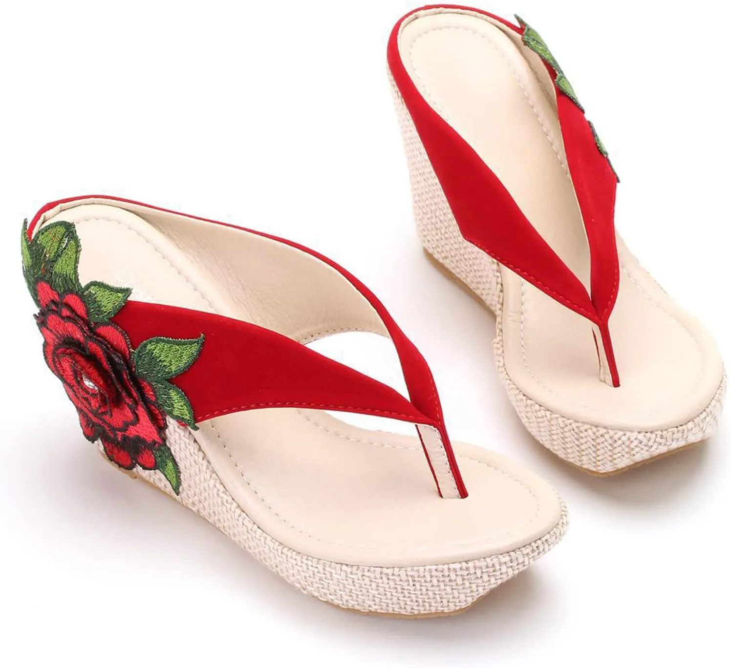 UGOSELEC Women Y2K Flower Platform Wedge Flip Flops,Bohemian Embroidered Flower Arch Support Heeled Flip Flops Beach Sandals Wedge Sandals