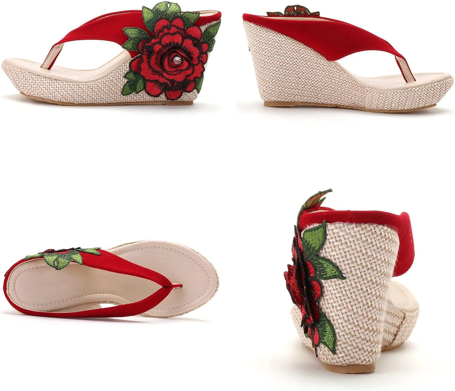 UGOSELEC Women Y2K Flower Platform Wedge Flip Flops,Bohemian Embroidered Flower Arch Support Heeled Flip Flops Beach Sandals Wedge Sandals