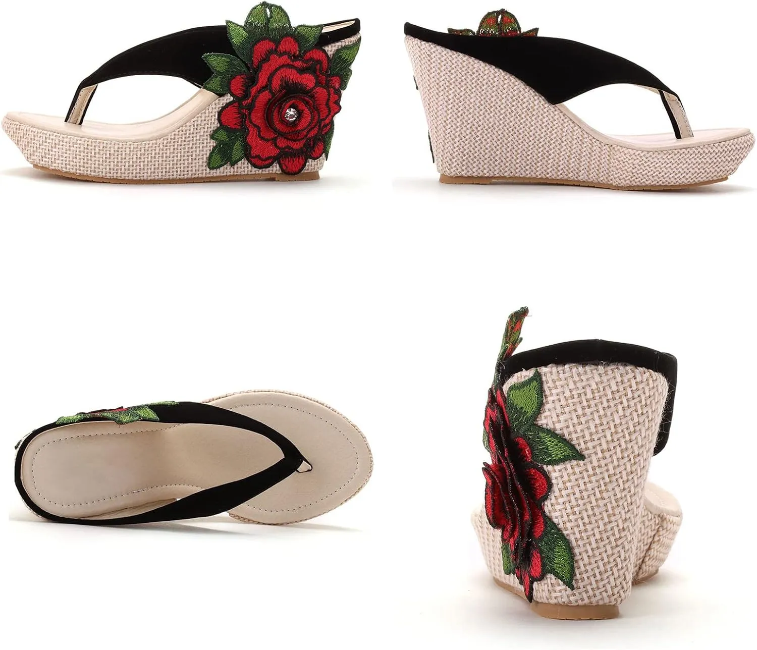 UGOSELEC Women Y2K Flower Platform Wedge Flip Flops,Bohemian Embroidered Flower Arch Support Heeled Flip Flops Beach Sandals Wedge Sandals