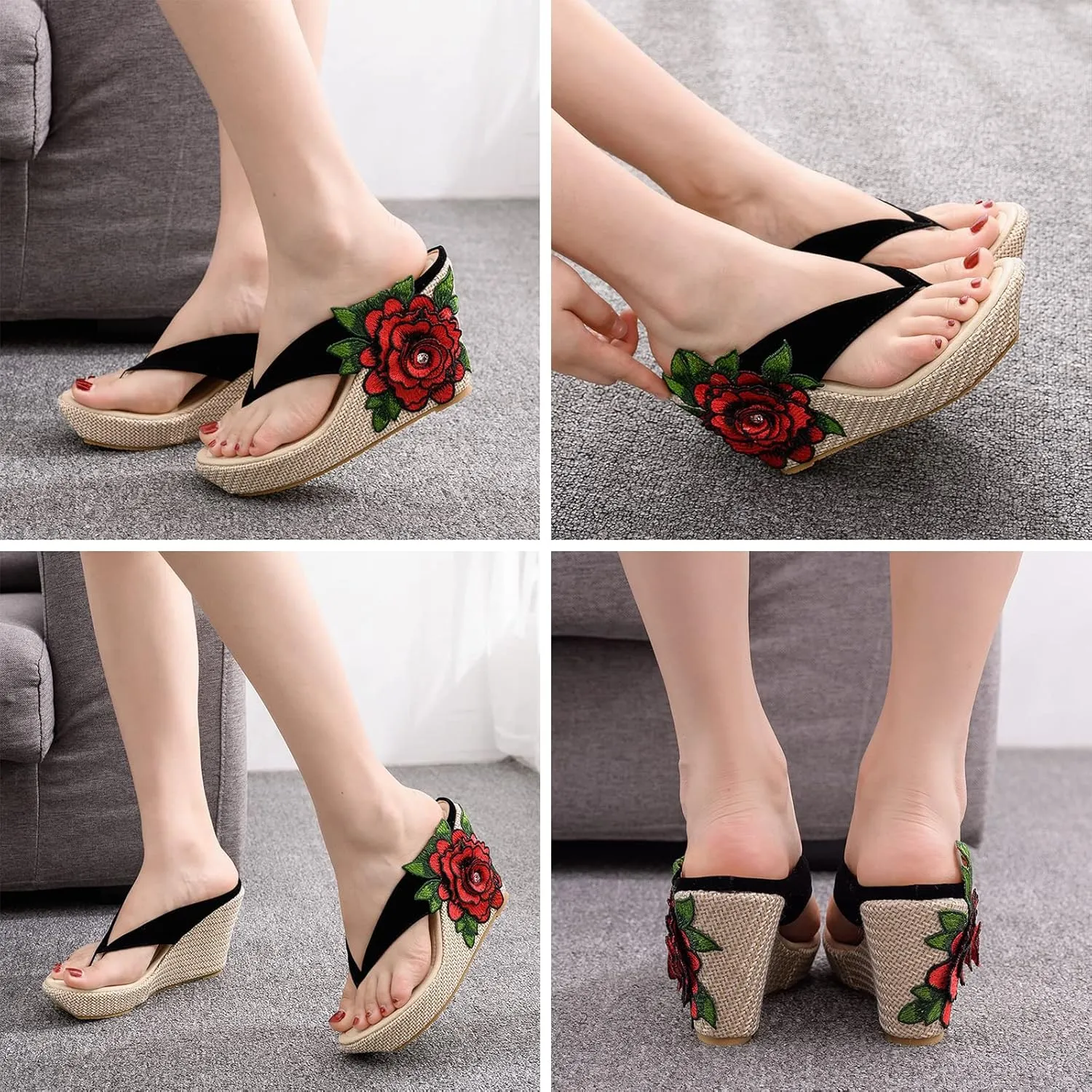 UGOSELEC Women Y2K Flower Platform Wedge Flip Flops,Bohemian Embroidered Flower Arch Support Heeled Flip Flops Beach Sandals Wedge Sandals
