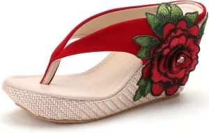 UGOSELEC Women Y2K Flower Platform Wedge Flip Flops,Bohemian Embroidered Flower Arch Support Heeled Flip Flops Beach Sandals Wedge Sandals