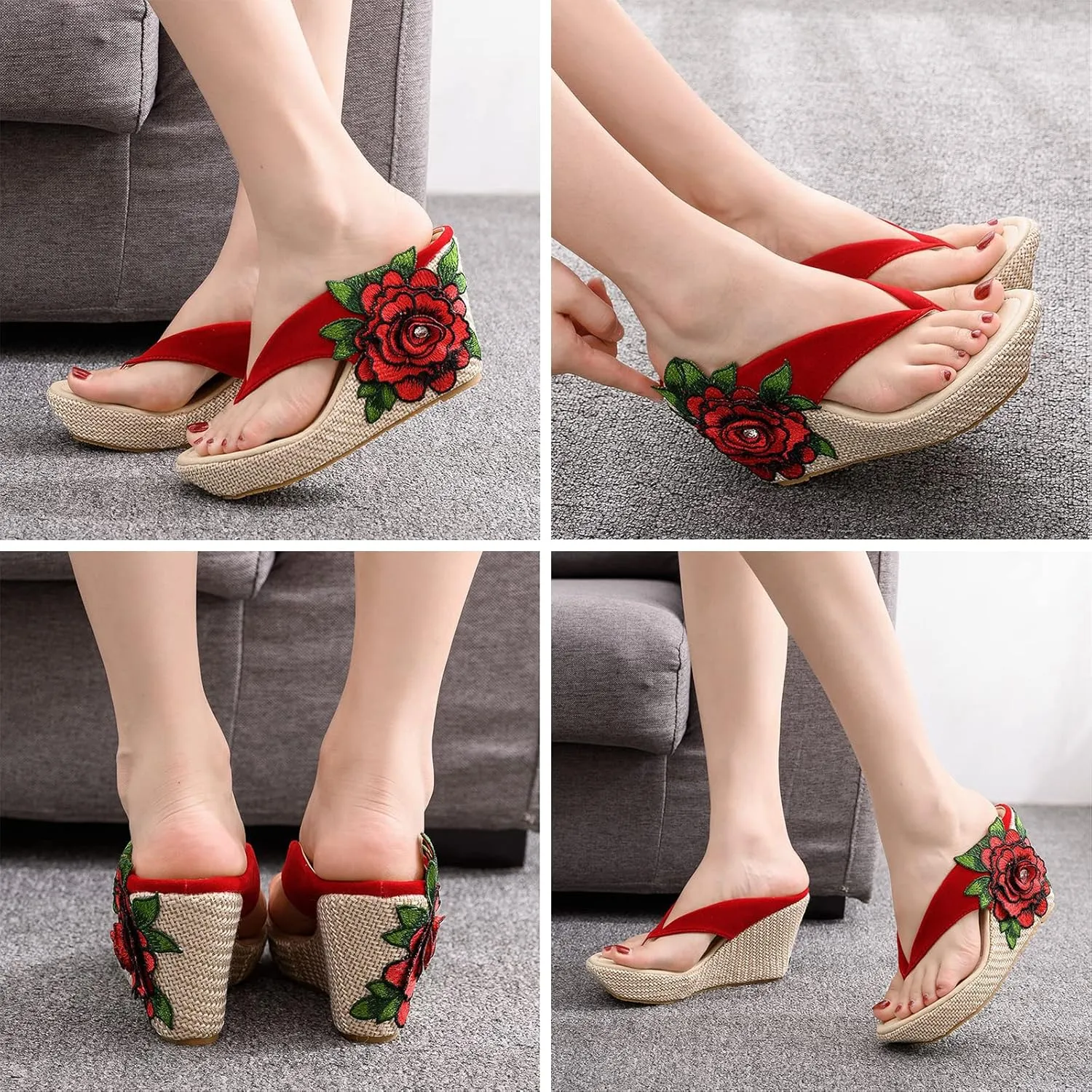 UGOSELEC Women Y2K Flower Platform Wedge Flip Flops,Bohemian Embroidered Flower Arch Support Heeled Flip Flops Beach Sandals Wedge Sandals