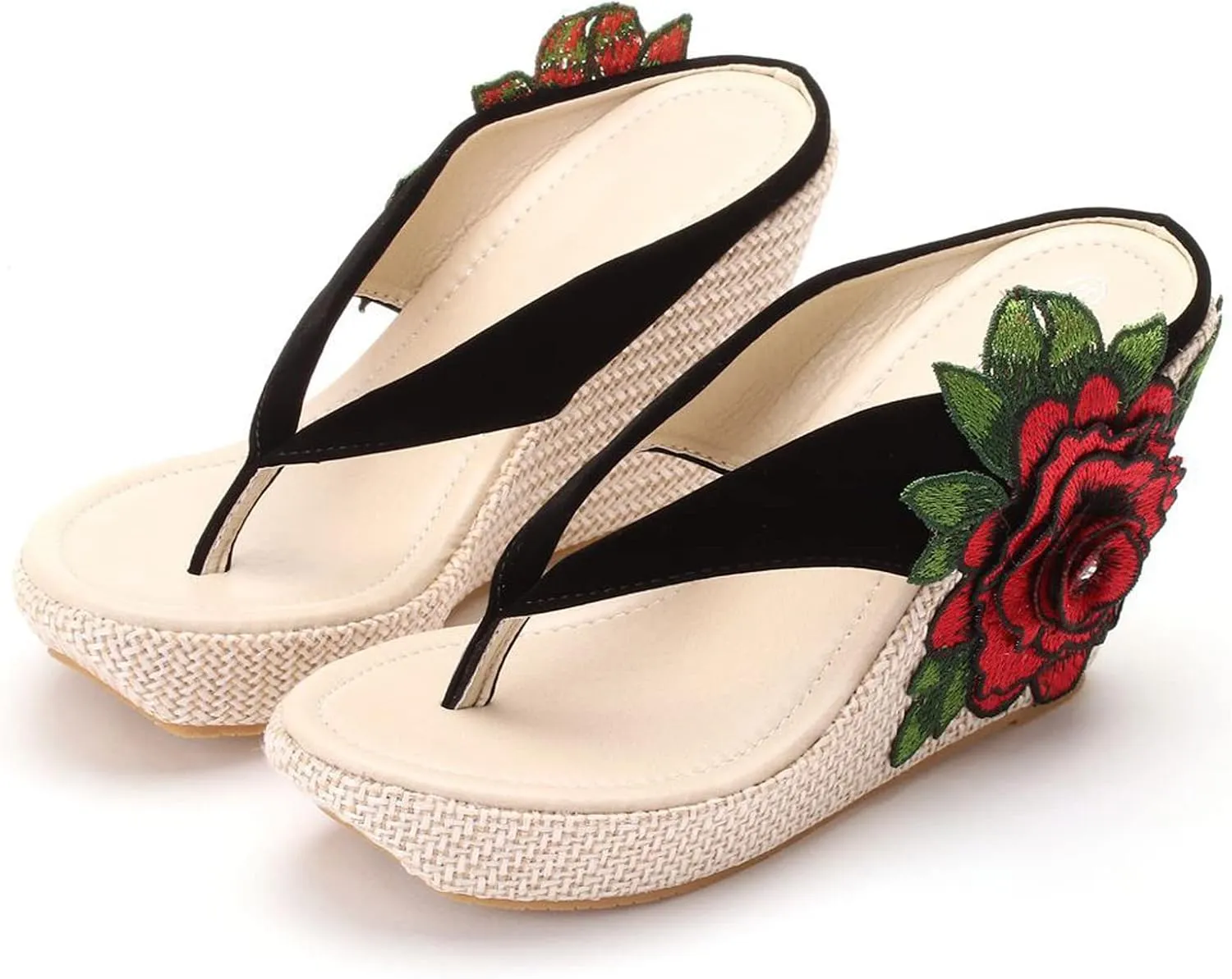 UGOSELEC Women Y2K Flower Platform Wedge Flip Flops,Bohemian Embroidered Flower Arch Support Heeled Flip Flops Beach Sandals Wedge Sandals
