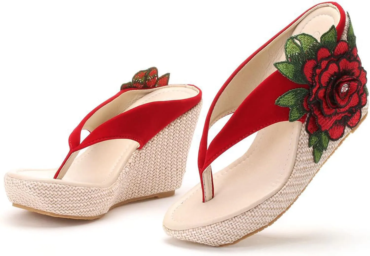UGOSELEC Women Y2K Flower Platform Wedge Flip Flops,Bohemian Embroidered Flower Arch Support Heeled Flip Flops Beach Sandals Wedge Sandals