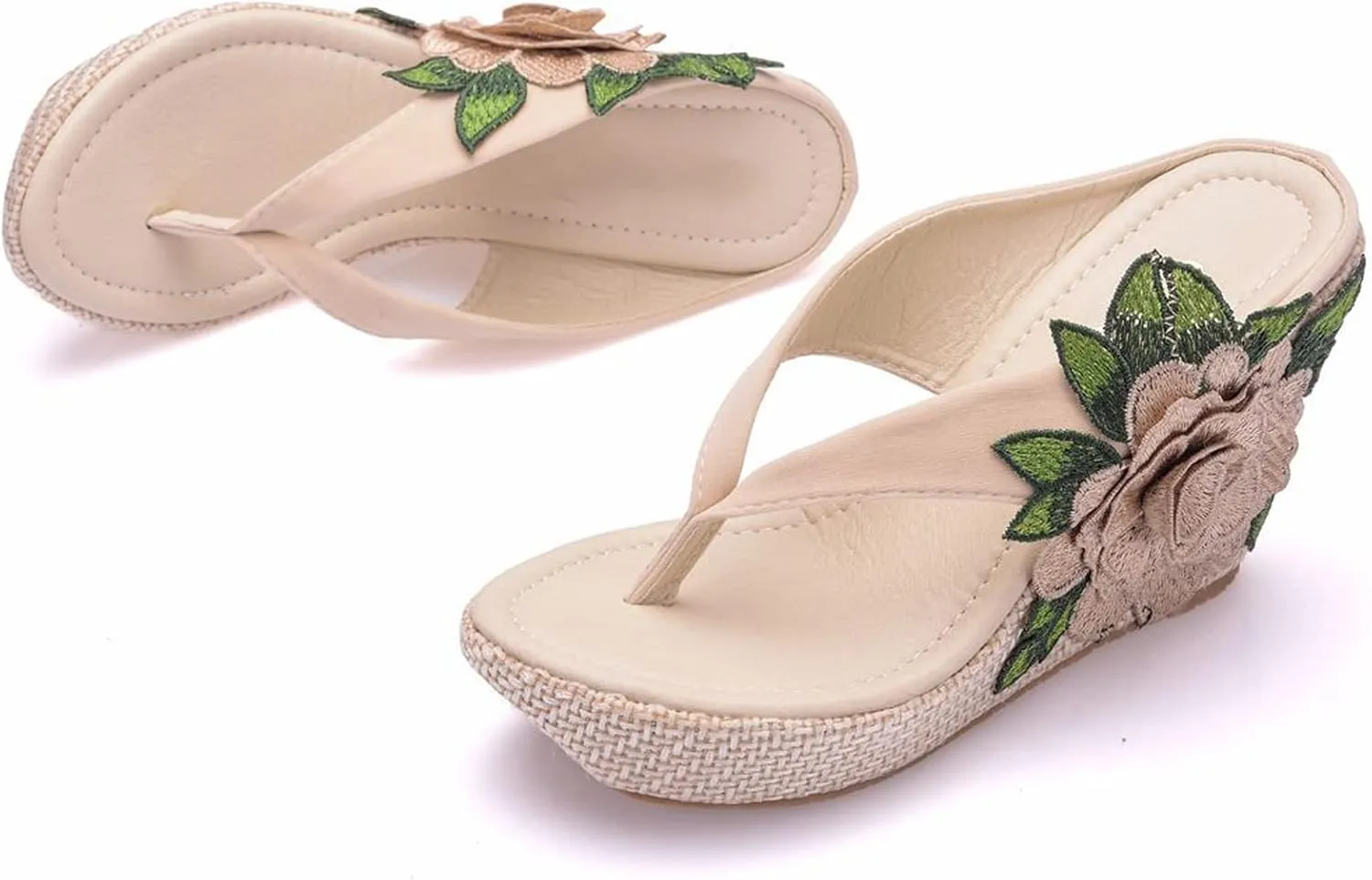 UGOSELEC Women Y2K Flower Platform Wedge Flip Flops,Bohemian Embroidered Flower Arch Support Heeled Flip Flops Beach Sandals Wedge Sandals