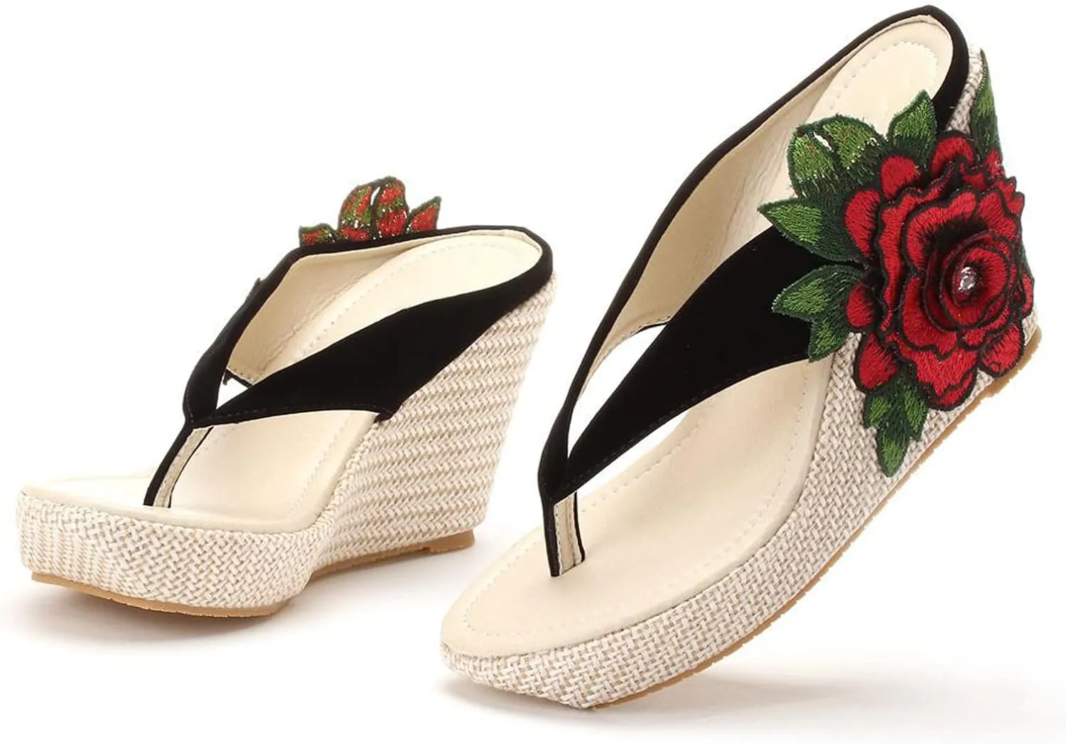 UGOSELEC Women Y2K Flower Platform Wedge Flip Flops,Bohemian Embroidered Flower Arch Support Heeled Flip Flops Beach Sandals Wedge Sandals