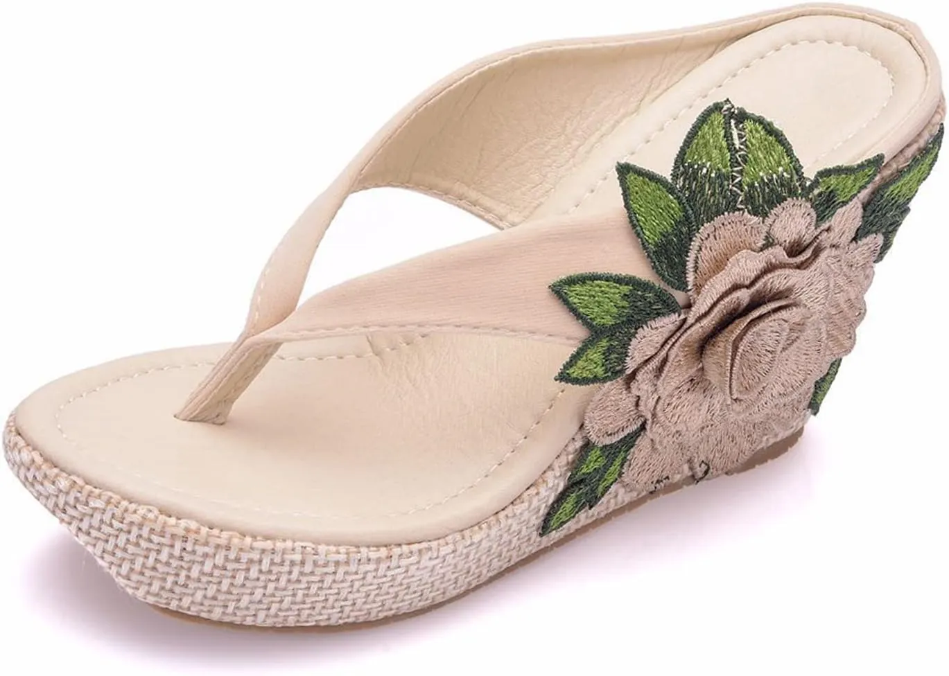 UGOSELEC Women Y2K Flower Platform Wedge Flip Flops,Bohemian Embroidered Flower Arch Support Heeled Flip Flops Beach Sandals Wedge Sandals