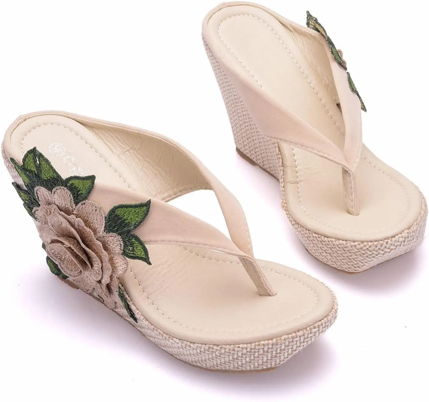 UGOSELEC Women Y2K Flower Platform Wedge Flip Flops,Bohemian Embroidered Flower Arch Support Heeled Flip Flops Beach Sandals Wedge Sandals
