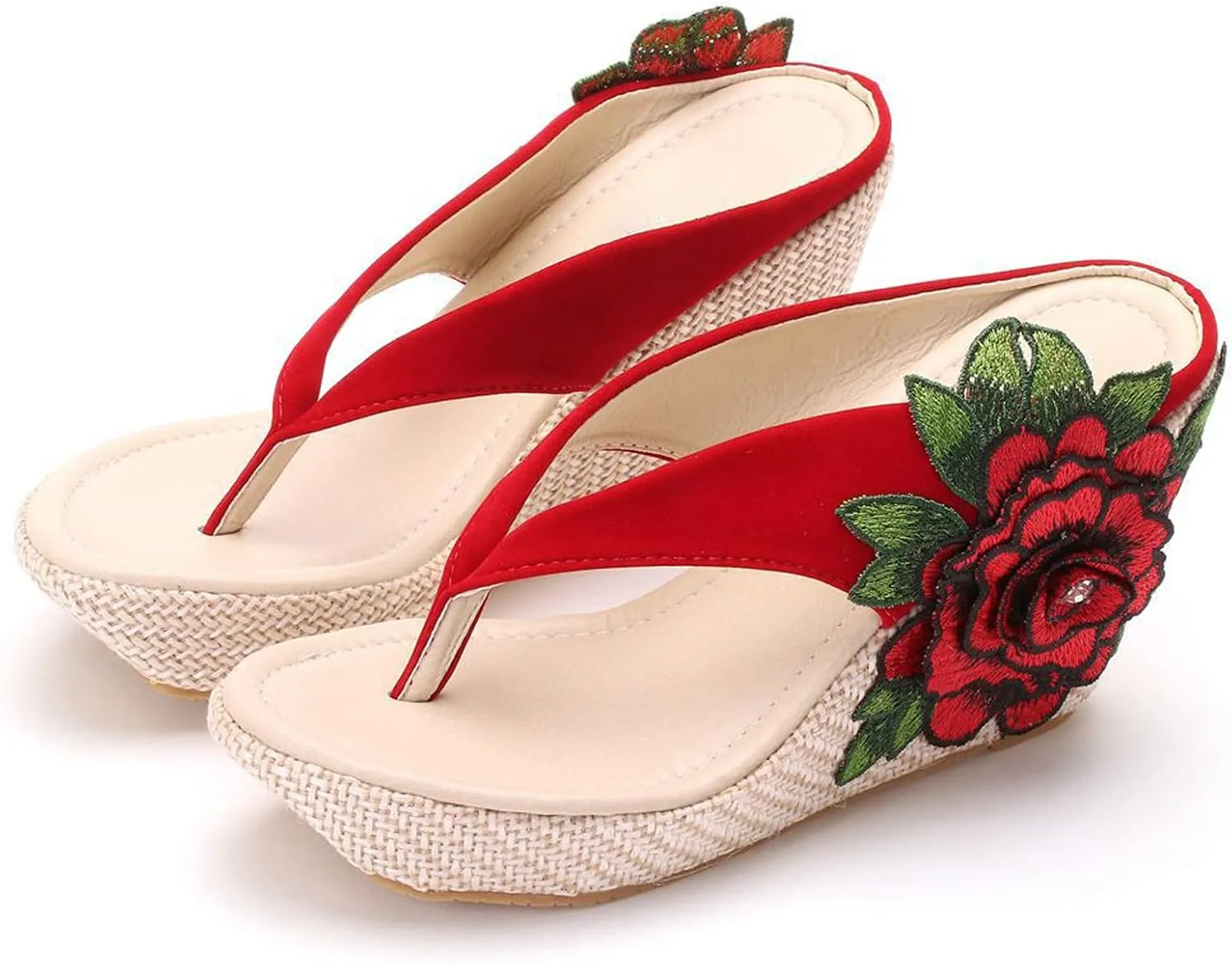 UGOSELEC Women Y2K Flower Platform Wedge Flip Flops,Bohemian Embroidered Flower Arch Support Heeled Flip Flops Beach Sandals Wedge Sandals