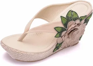 UGOSELEC Women Y2K Flower Platform Wedge Flip Flops,Bohemian Embroidered Flower Arch Support Heeled Flip Flops Beach Sandals Wedge Sandals