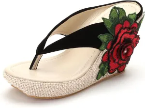 UGOSELEC Women Y2K Flower Platform Wedge Flip Flops,Bohemian Embroidered Flower Arch Support Heeled Flip Flops Beach Sandals Wedge Sandals