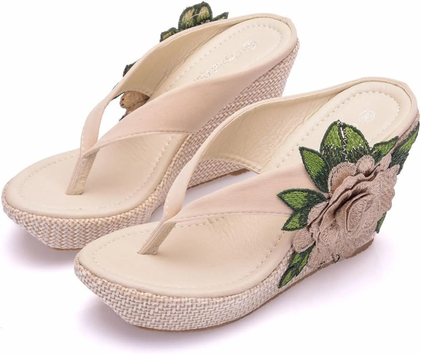 UGOSELEC Women Y2K Flower Platform Wedge Flip Flops,Bohemian Embroidered Flower Arch Support Heeled Flip Flops Beach Sandals Wedge Sandals