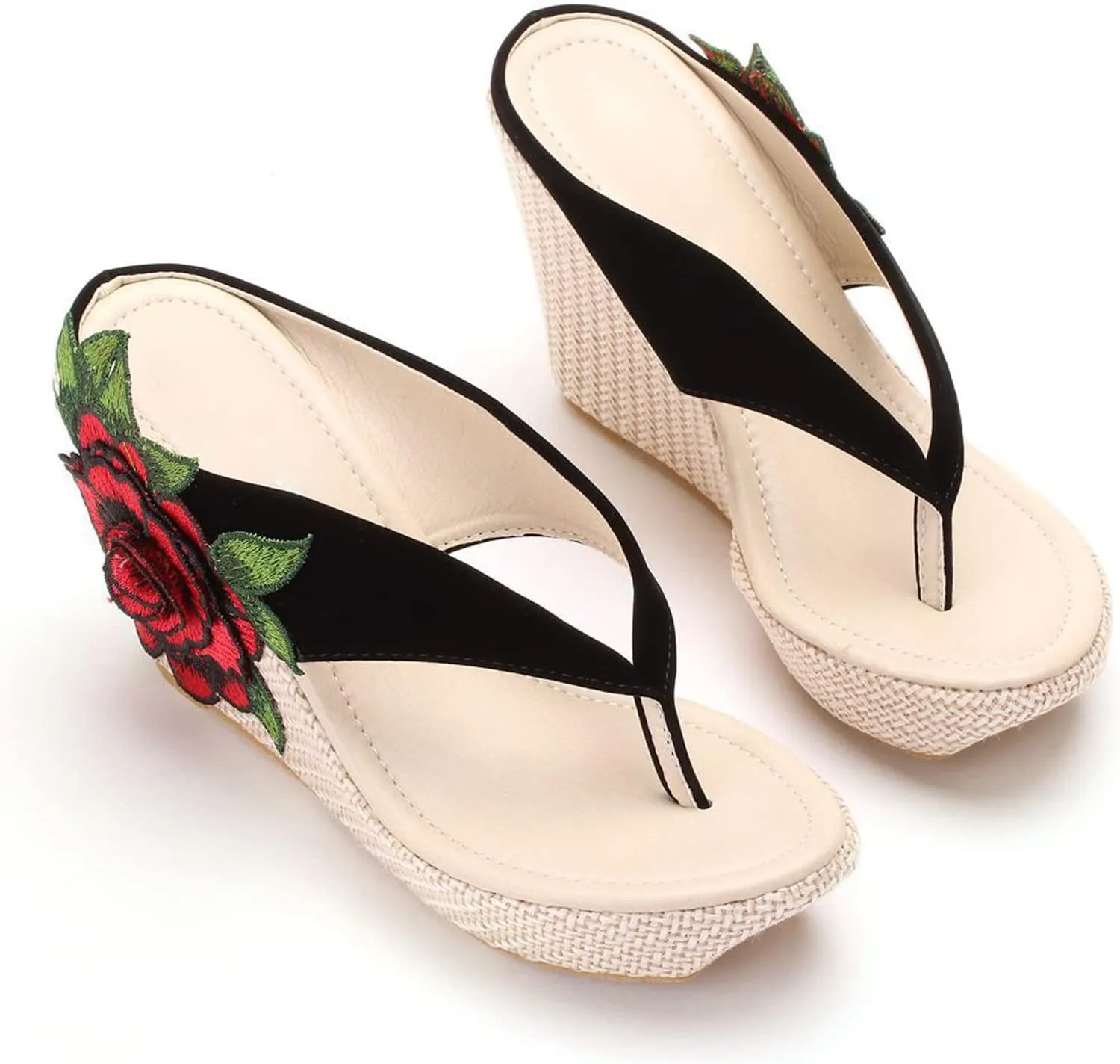 UGOSELEC Women Y2K Flower Platform Wedge Flip Flops,Bohemian Embroidered Flower Arch Support Heeled Flip Flops Beach Sandals Wedge Sandals