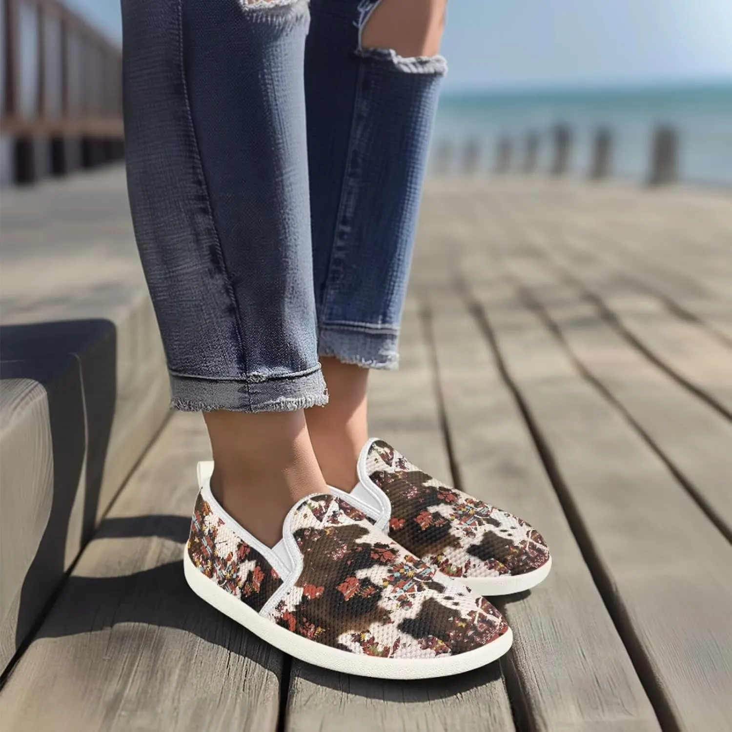 UNICEU Womens Slip On Sneakers Lightweight Casual Walking Teenis Shoes Low Top Loafers Highland Cow Animal Shoes Workout Footwear