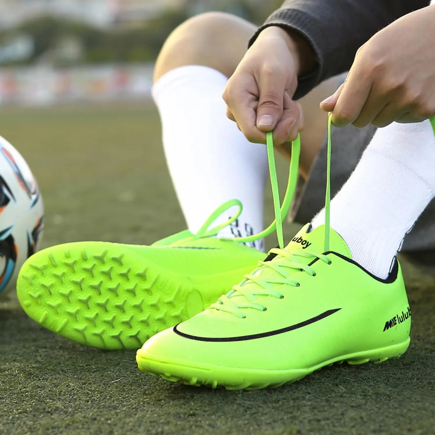 UYO Men's Indoor Soccer Shoes Football Cleats Low-Tops Lace-Up Non-Slip Spikes Sports Athletic Futsal TF Turf Sneaker