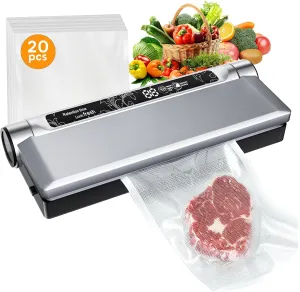 Vacuum Sealer,Equipped With 20 Vacuum Sealed Bags,Fully Automatic Dry and Wet Dual use Food Vacuum Sealer Machine,One Click Intelligent Operation,Digital Display,Super Strong Suction Power (Sliver)
