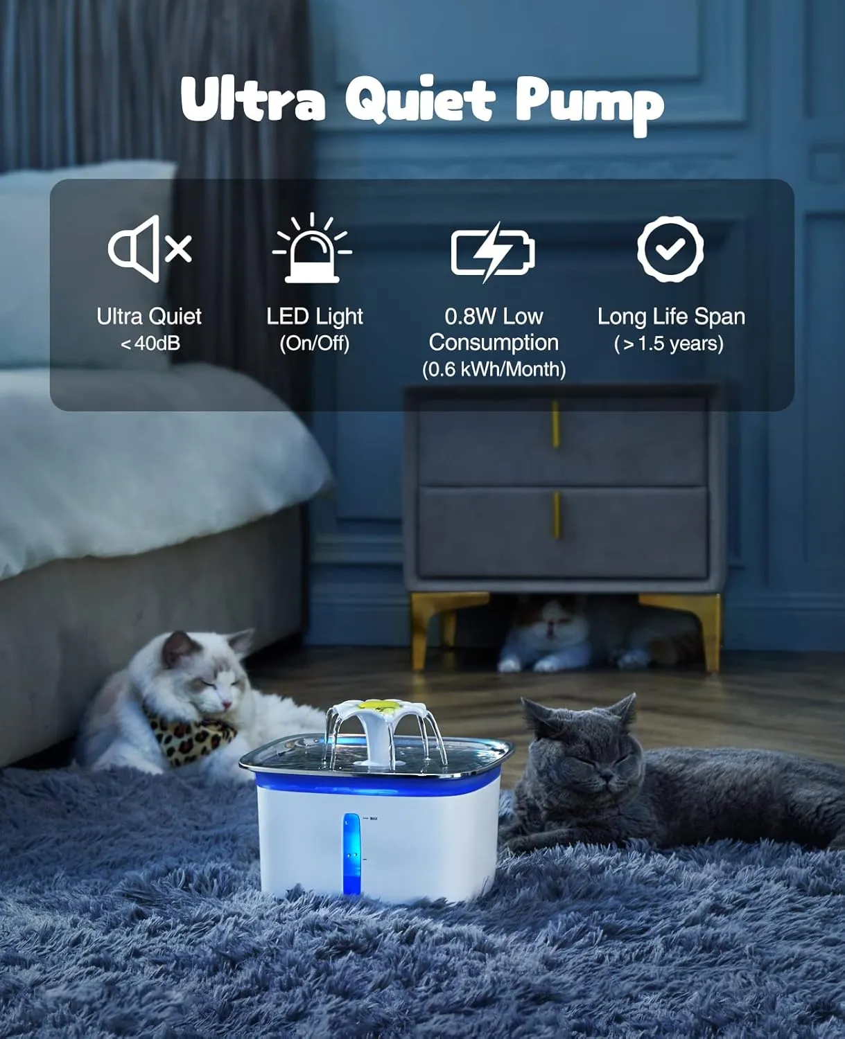 Veken 95oz/2.8L Cat Water Fountain with Stainless Steel Lid, Automatic Pet Fountain Dog Water Dispenser with Replacement Filters for Cats, Dogs, Multiple Pets (Silver, Stainless Steel)