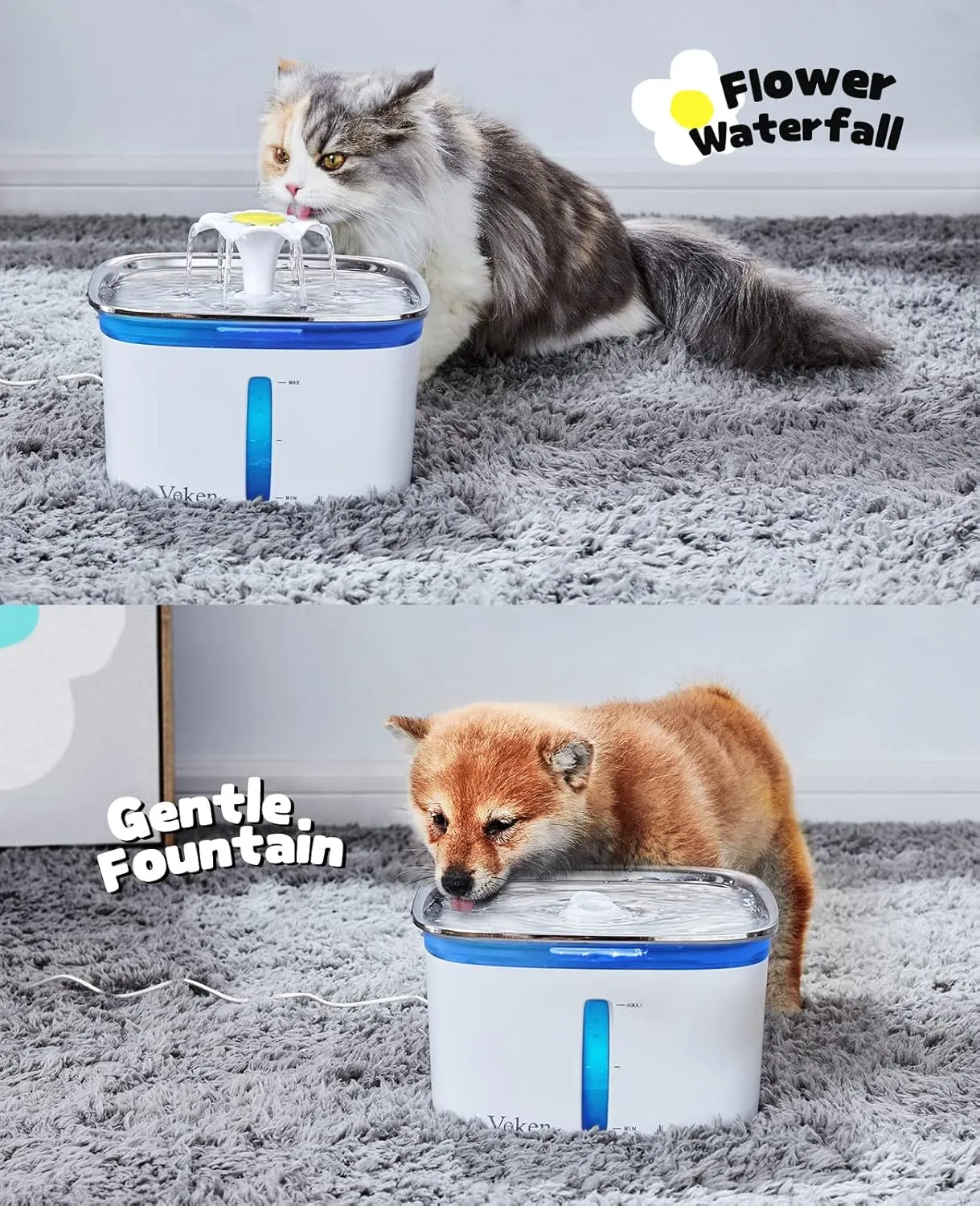 Veken 95oz/2.8L Cat Water Fountain with Stainless Steel Lid, Automatic Pet Fountain Dog Water Dispenser with Replacement Filters for Cats, Dogs, Multiple Pets (Silver, Stainless Steel)