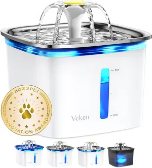 Veken 95oz/2.8L Cat Water Fountain with Stainless Steel Lid, Automatic Pet Fountain Dog Water Dispenser with Replacement Filters for Cats, Dogs, Multiple Pets (Silver, Stainless Steel)