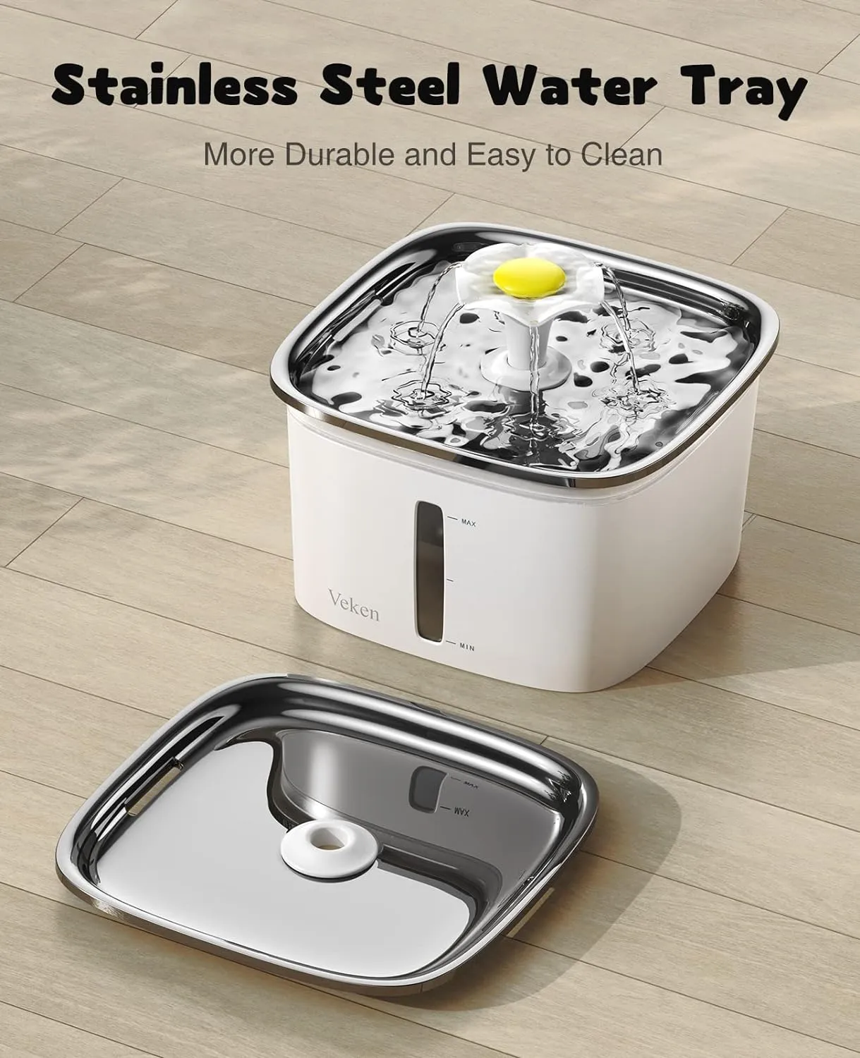 Veken 95oz/2.8L Cat Water Fountain with Stainless Steel Lid, Automatic Pet Fountain Dog Water Dispenser with Replacement Filters for Cats, Dogs, Multiple Pets (Silver, Stainless Steel)