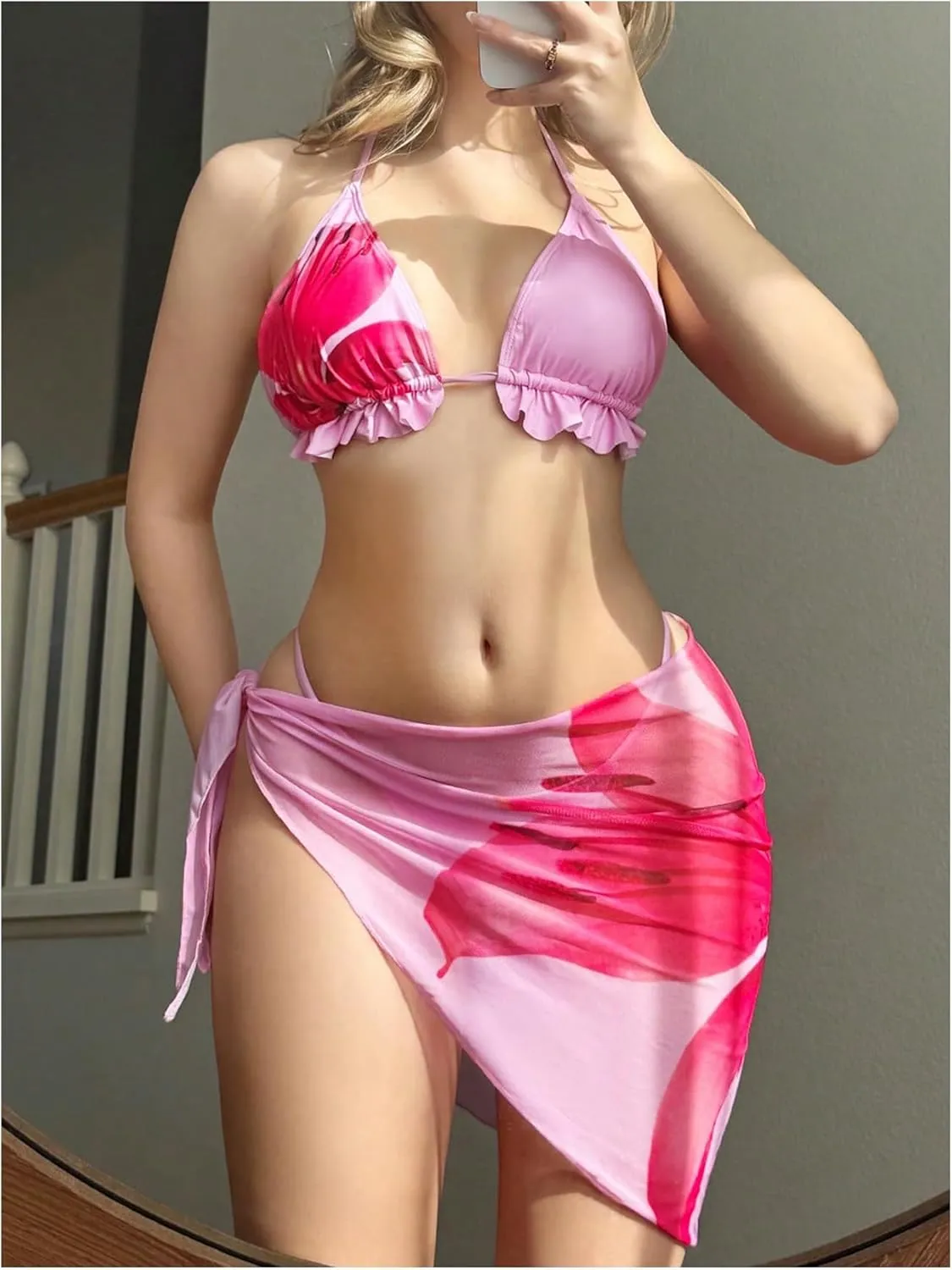 Verdusa Women's 3 Piece Swimsuit Floral Print Halter Bikini Set with Cover Up Skirt
