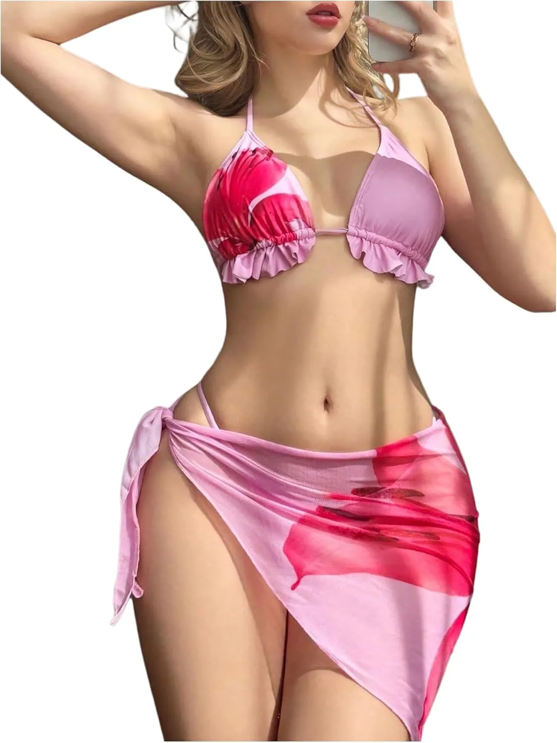 Verdusa Women's 3 Piece Swimsuit Floral Print Halter Bikini Set with Cover Up Skirt