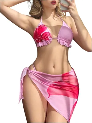 Verdusa Women's 3 Piece Swimsuit Floral Print Halter Bikini Set with Cover Up Skirt