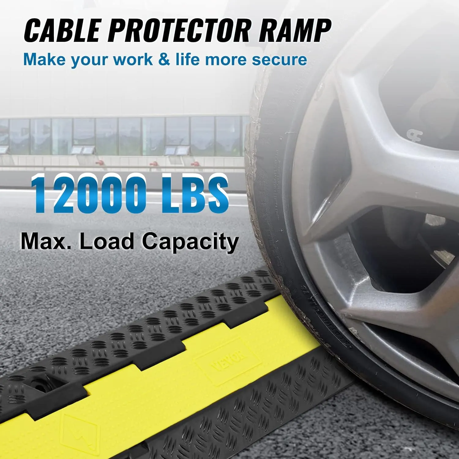 VEVOR 3 PCs 2 Channel Rubber Cable Protector Ramp, 12000 lbs/axle Capacity Heavy Duty Hose Wire Cover Ramp Driveway, Traffic Speed Bump w/Flip-Open Top Cover & 50 ft Warning Tape, for Indoor&Outdoor