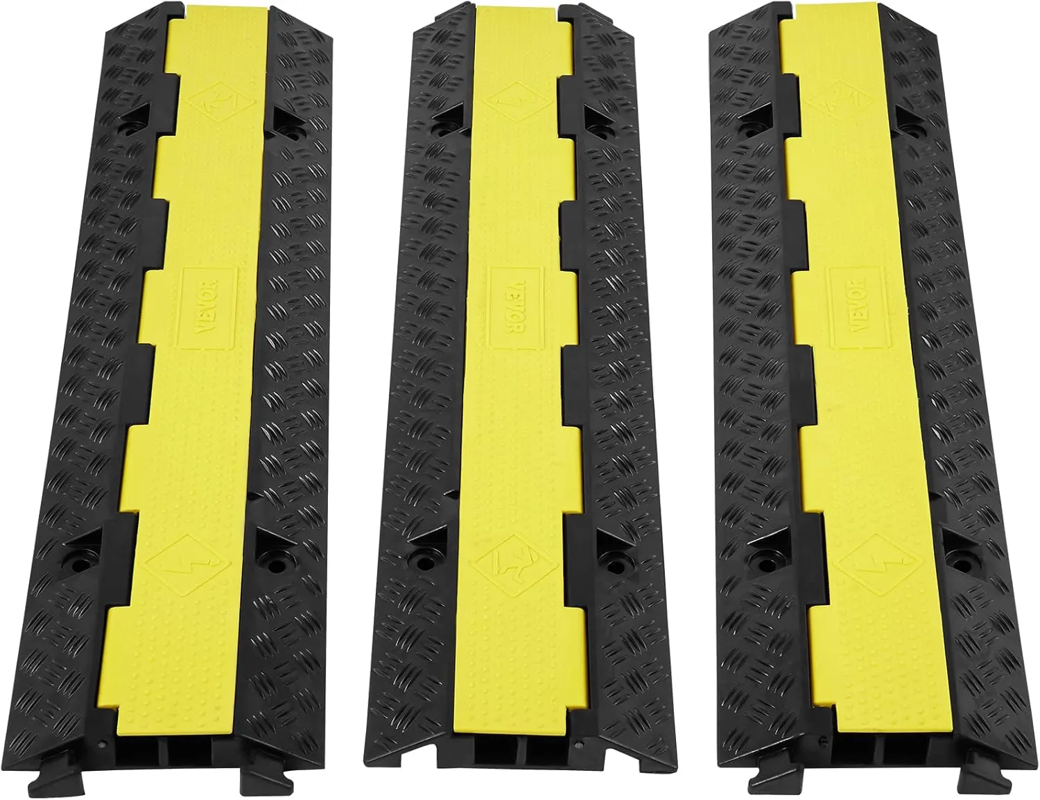 VEVOR 3 PCs 2 Channel Rubber Cable Protector Ramp, 12000 lbs/axle Capacity Heavy Duty Hose Wire Cover Ramp Driveway, Traffic Speed Bump w/Flip-Open Top Cover & 50 ft Warning Tape, for Indoor&Outdoor