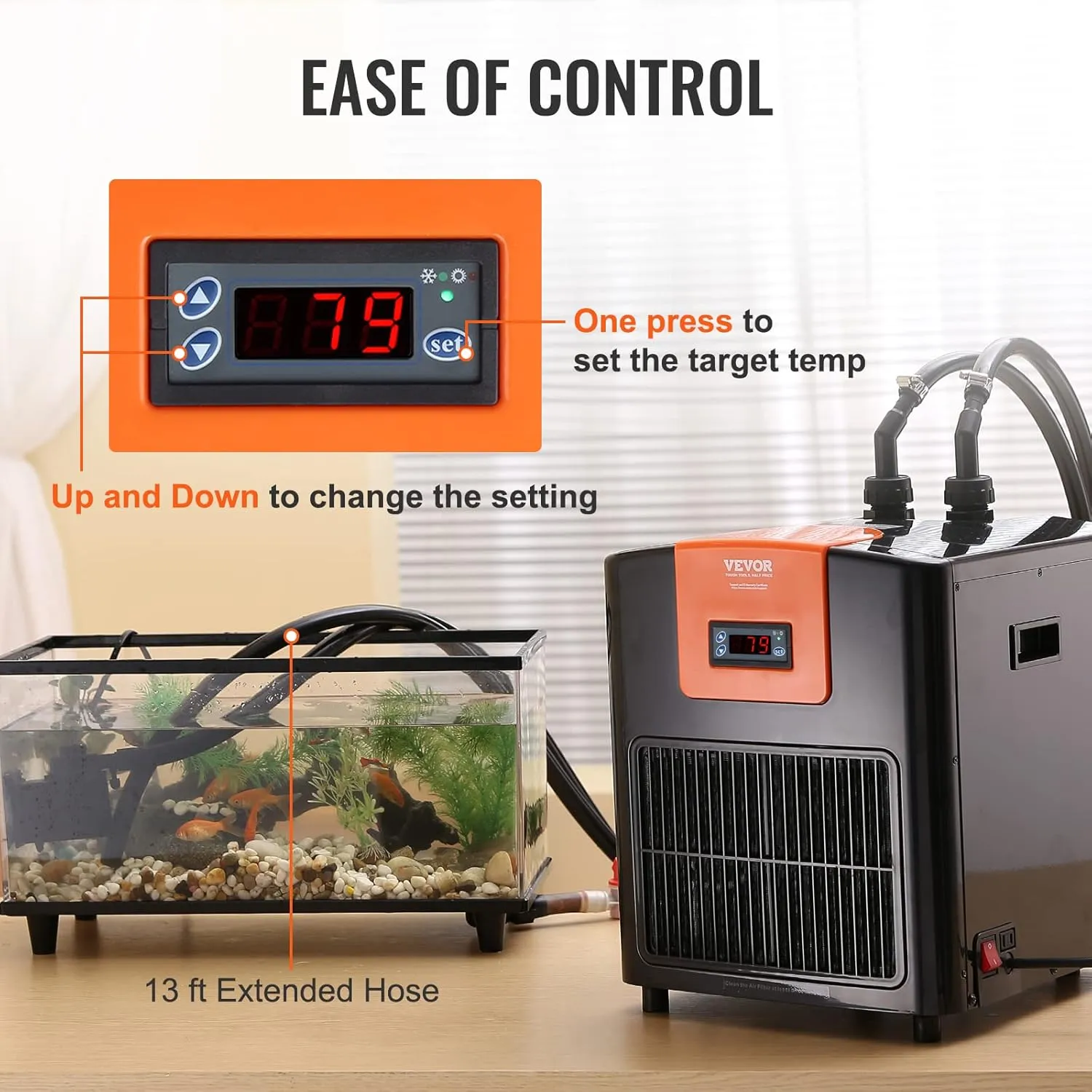 VEVOR Aquarium Chiller, 92 Gal 348 L, 1/4 HP Hydroponic Water Chiller, Quiet Refrigeration Compressor for Seawater and Fresh Water, Fish Tank Cooling System with Pump/Hose, for Jellyfish, Coral Reef