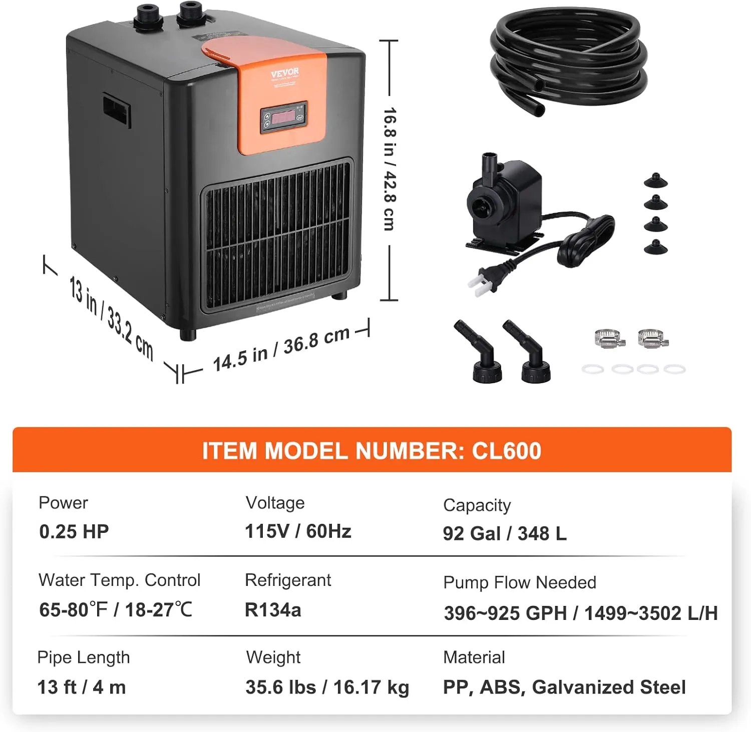 VEVOR Aquarium Chiller, 92 Gal 348 L, 1/4 HP Hydroponic Water Chiller, Quiet Refrigeration Compressor for Seawater and Fresh Water, Fish Tank Cooling System with Pump/Hose, for Jellyfish, Coral Reef