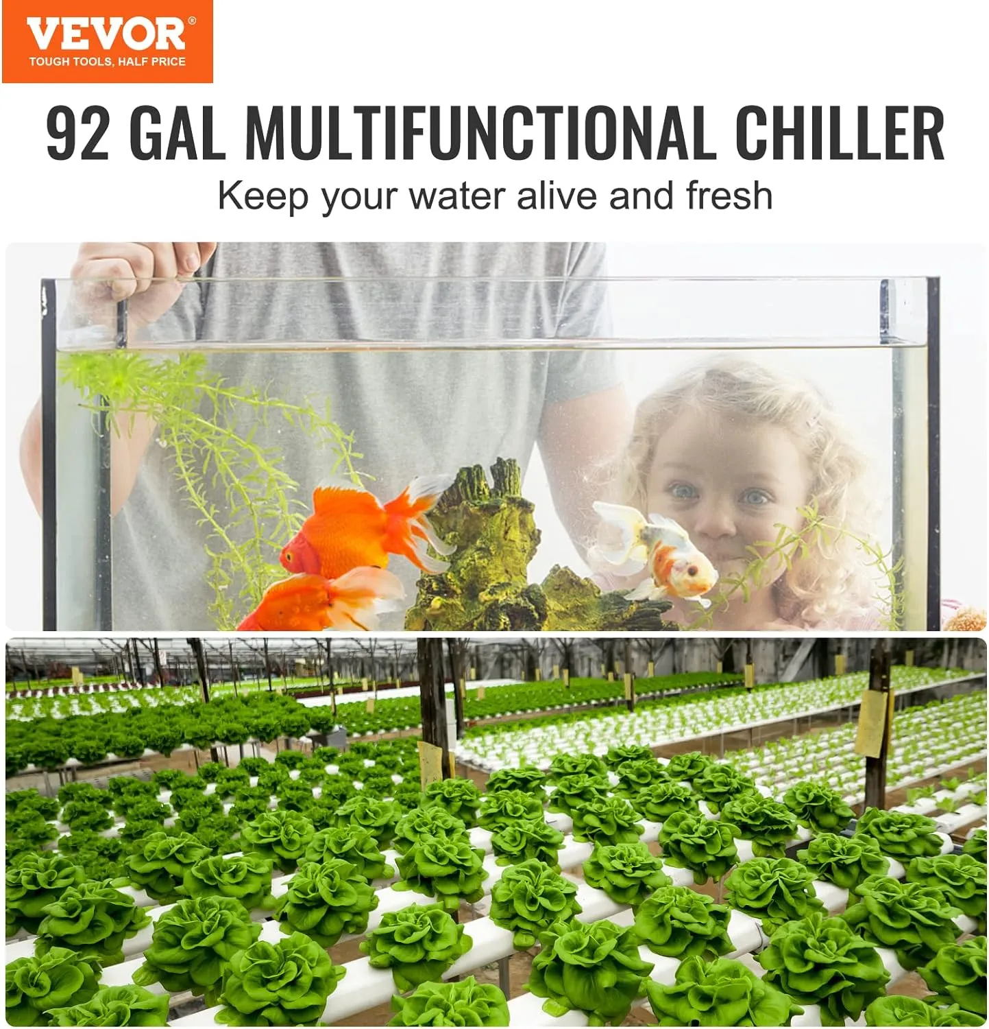 VEVOR Aquarium Chiller, 92 Gal 348 L, 1/4 HP Hydroponic Water Chiller, Quiet Refrigeration Compressor for Seawater and Fresh Water, Fish Tank Cooling System with Pump/Hose, for Jellyfish, Coral Reef
