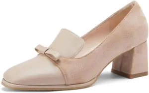 VOKLIN Women's Fashion Bow Square Toe Dress Pumps Slip On Chunky Block High Heels Formal Work Office Shoes