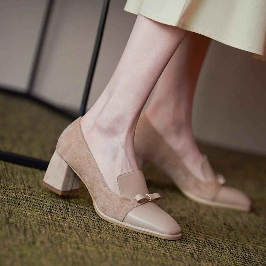 VOKLIN Women's Fashion Bow Square Toe Dress Pumps Slip On Chunky Block High Heels Formal Work Office Shoes