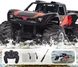 Waterproof Monster Trucks for Boys, 2.4G Amphibious Rc Car, 1:16 Scale All-Terrain Rc Boat for Boys & Adults, 4WD, 2 Rechargeable Batteries, Perfect 4-12 Year Old Boy Toys Gifts-Orange