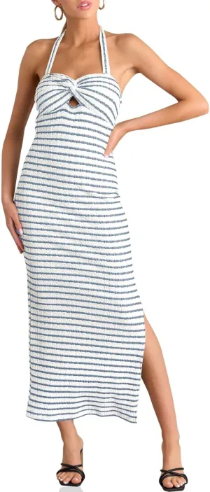 Wenrine Womens Summer Striped Halter Neck Dress Sexy Twist Front Cut Out High Split Casual Sleeveless Maxi Dress