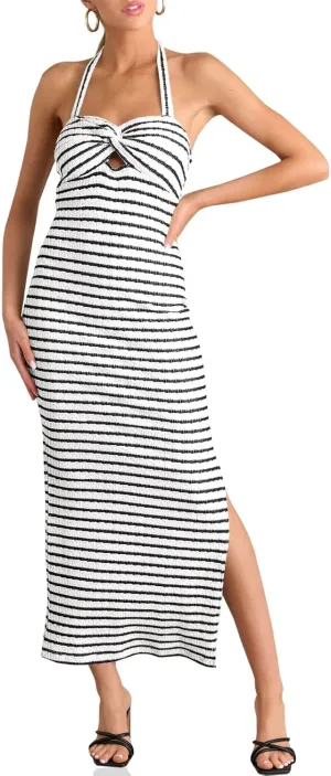 Wenrine Womens Summer Striped Halter Neck Dress Sexy Twist Front Cut Out High Split Casual Sleeveless Maxi Dress