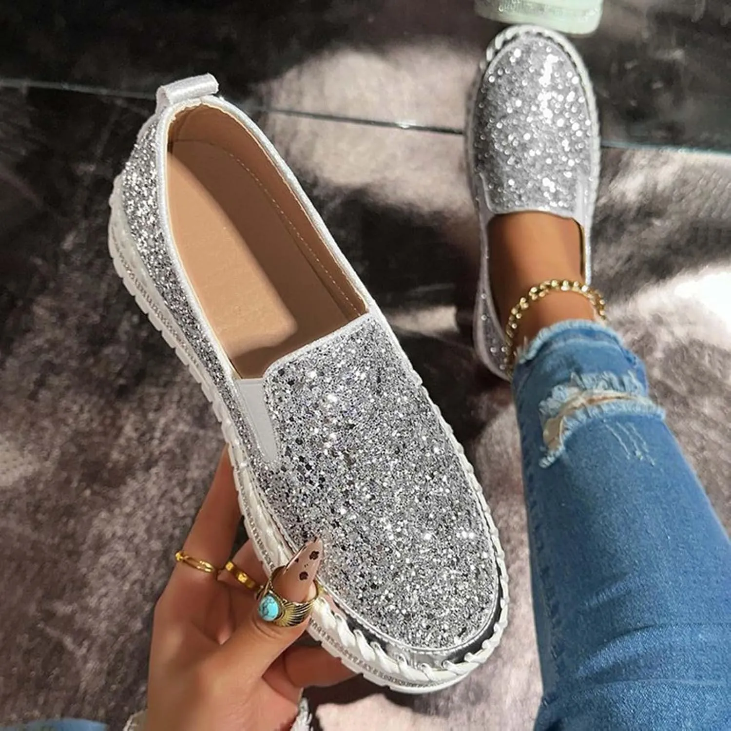 Women Rhinestone Platform Loafers,Cute Glitter Bling Fashion Slip-On Sparkle Bling Sequin Sneakers Summer 2025 Comfort Soft Hiking Flat Shoes for Going Out Walk