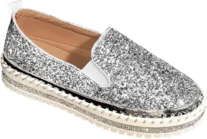 Women Rhinestone Platform Loafers,Cute Glitter Bling Fashion Slip-On Sparkle Bling Sequin Sneakers Summer 2025 Comfort Soft Hiking Flat Shoes for Going Out Walk