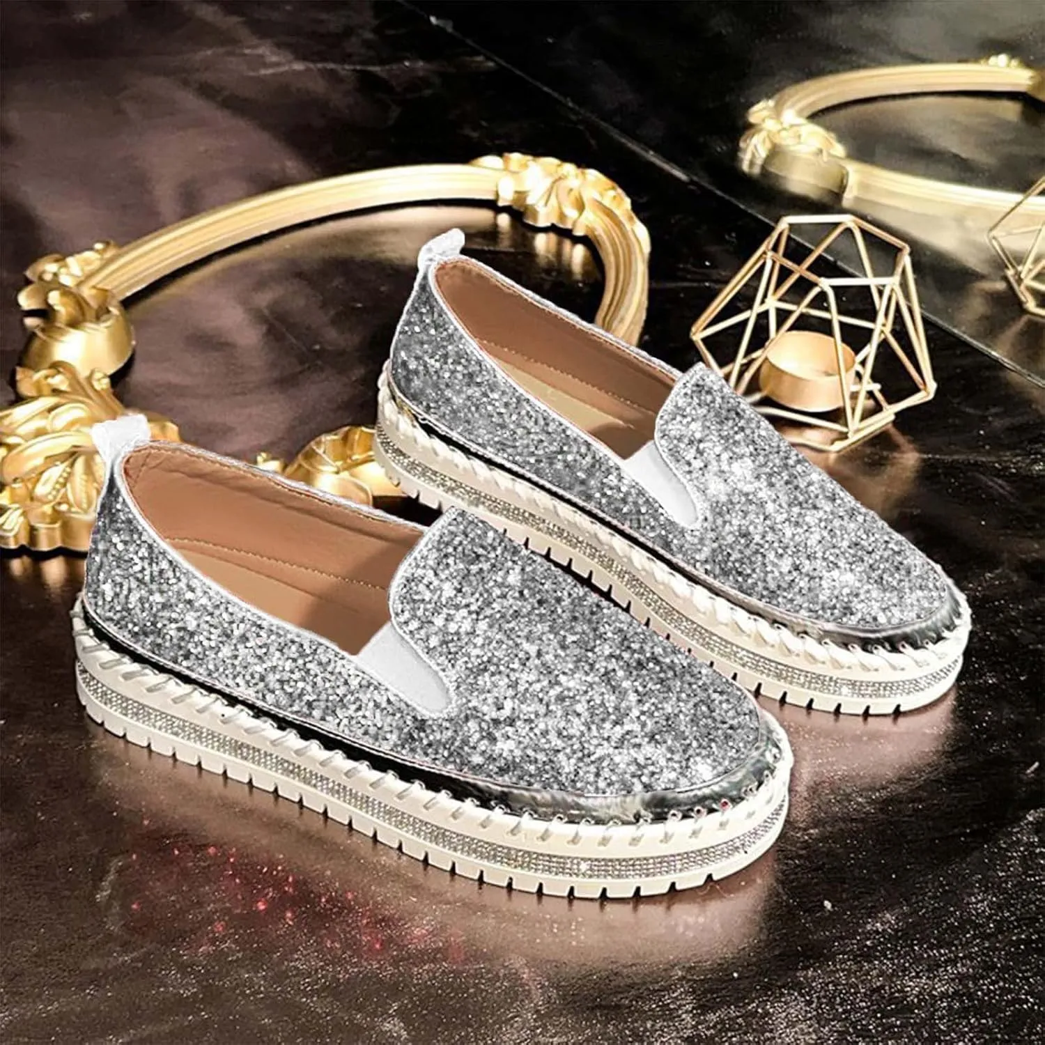 Women Rhinestone Platform Loafers,Cute Glitter Bling Fashion Slip-On Sparkle Bling Sequin Sneakers Summer 2025 Comfort Soft Hiking Flat Shoes for Going Out Walk