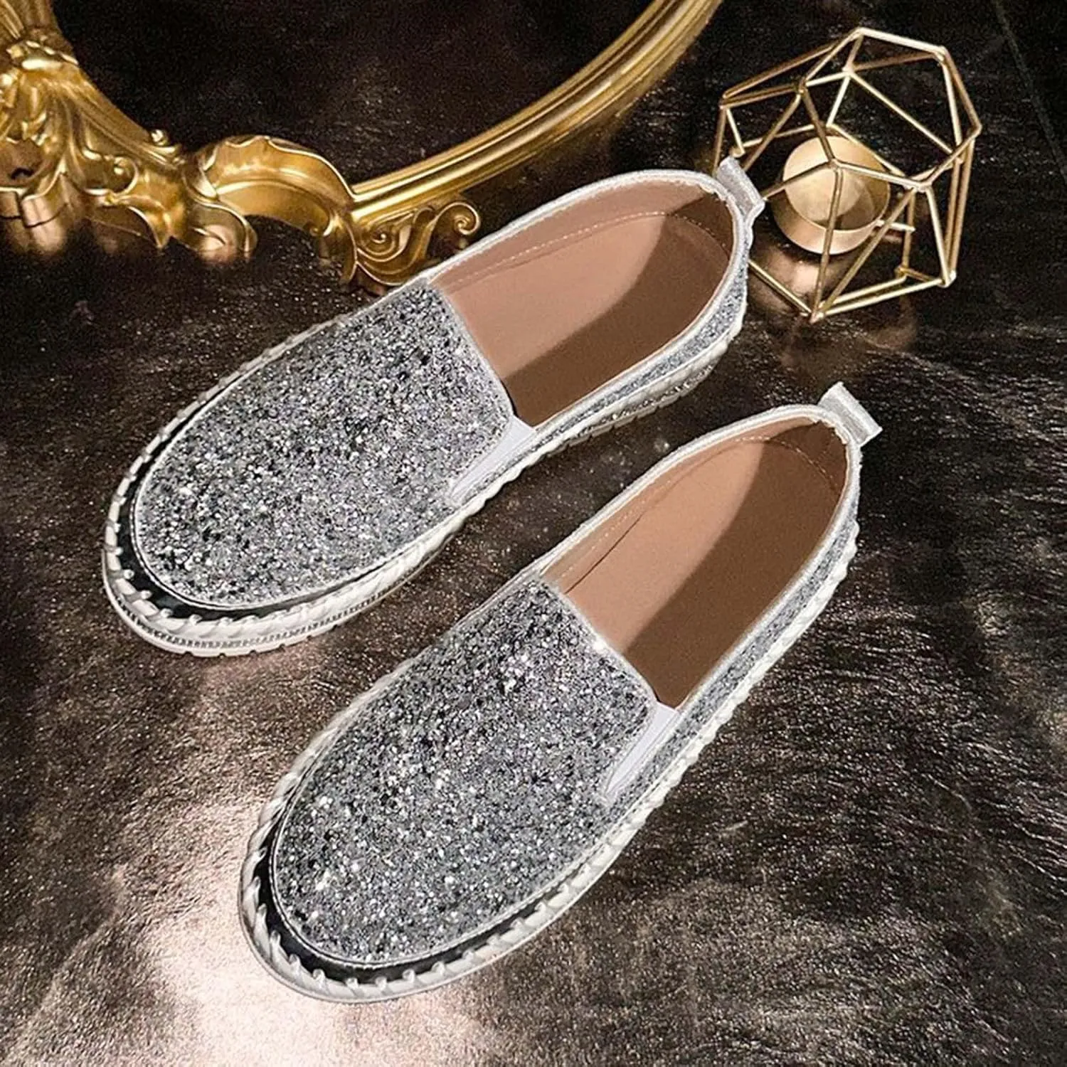 Women Rhinestone Platform Loafers,Cute Glitter Bling Fashion Slip-On Sparkle Bling Sequin Sneakers Summer 2025 Comfort Soft Hiking Flat Shoes for Going Out Walk