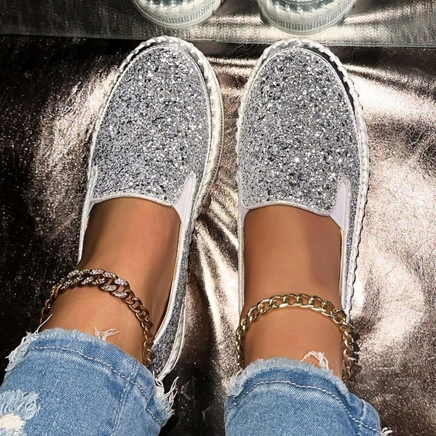 Women Rhinestone Platform Loafers,Cute Glitter Bling Fashion Slip-On Sparkle Bling Sequin Sneakers Summer 2025 Comfort Soft Hiking Flat Shoes for Going Out Walk