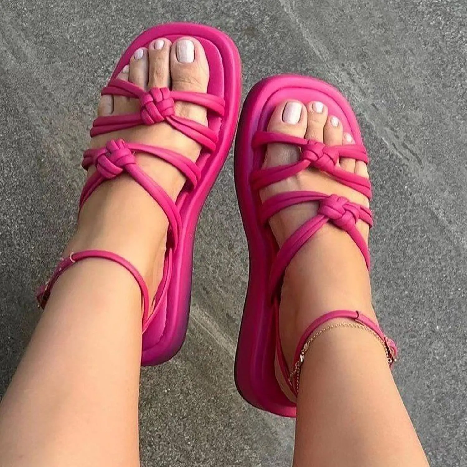 Women Strappy Braided Casual Sandal High Elastic Summer Stretch Flat Open Toe Hollow Out Sandals Beach Vacation Shoe