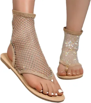 Women Ultra Comfortable Mesh Rhinestone Flats Flip Flops Breathable Fishnet Sandals Shiny Sparkle Hollow Out Slip on Flat Slippers