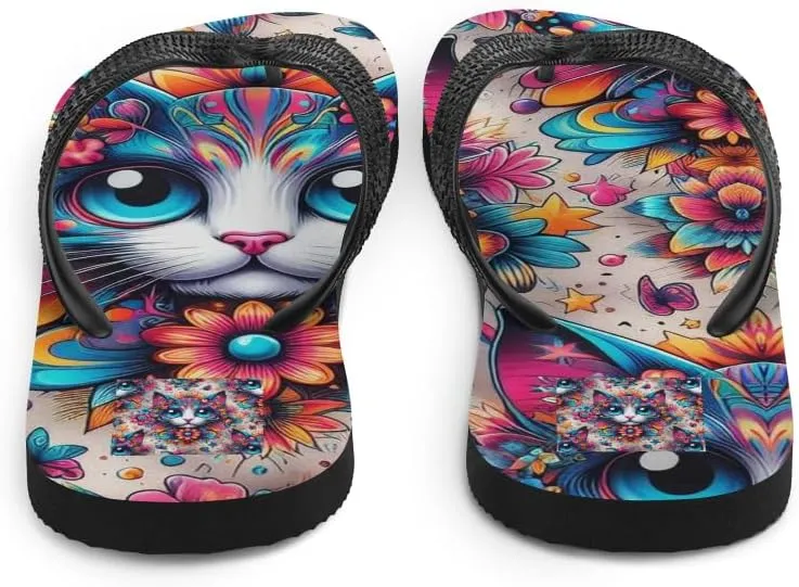 Women's Artsy Psychedelic Color Pop Cat Print Luxe Flip-Flops