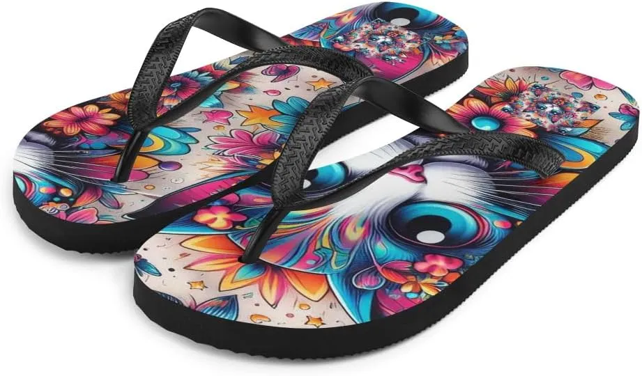 Women's Artsy Psychedelic Color Pop Cat Print Luxe Flip-Flops